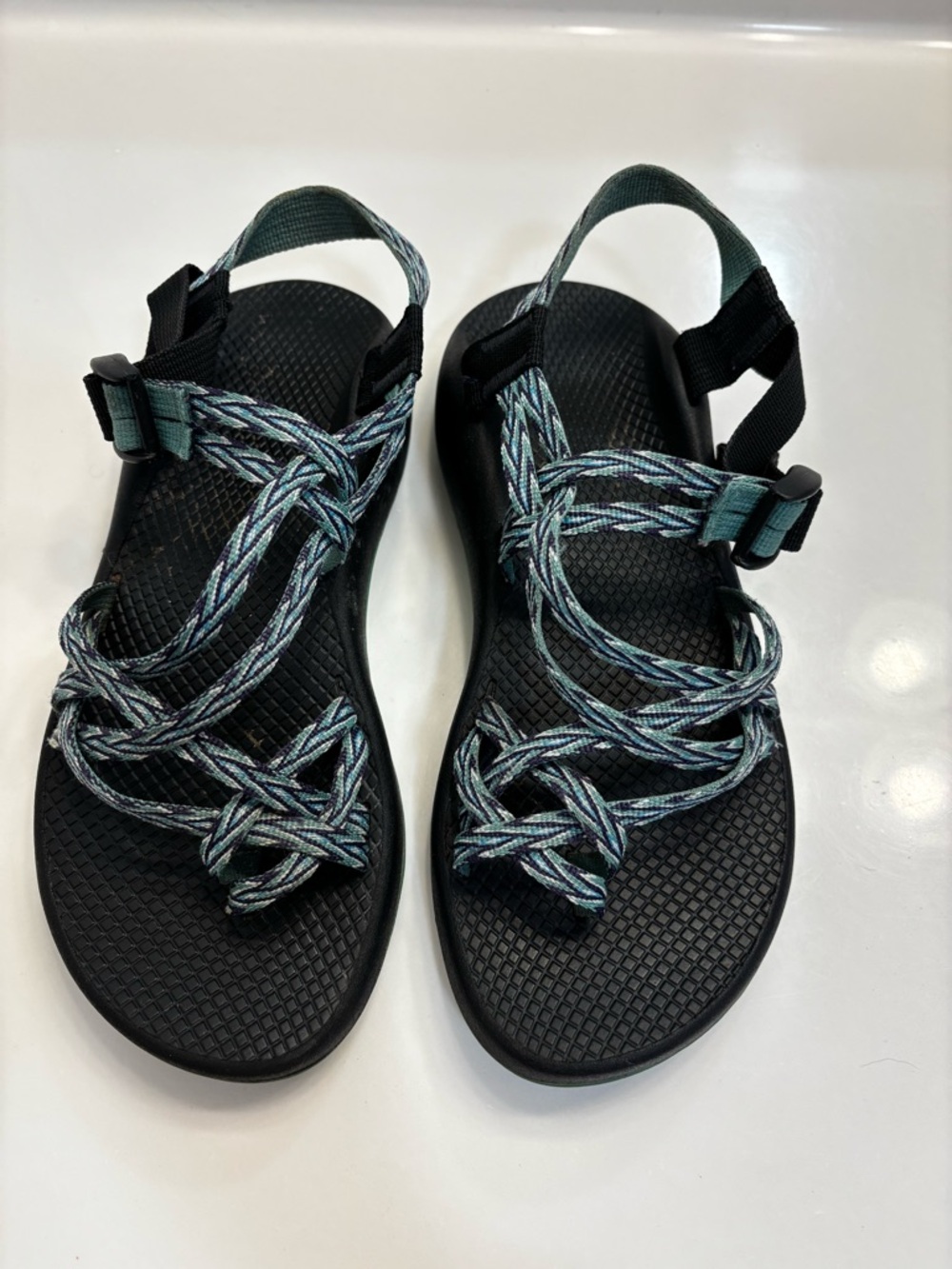 Chaco Women's Black Sandals with Teal and Light Blue Rope Straps